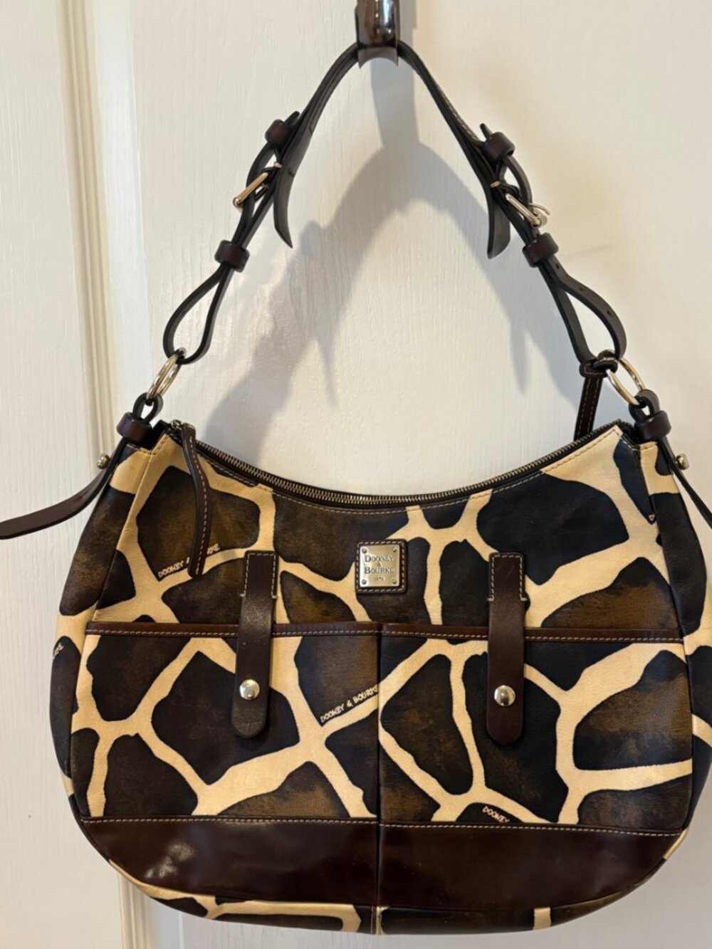 Dooney & Bourke Large Serengeti Giraffe Print Shoulder Bag Red Lining, Duck Tag